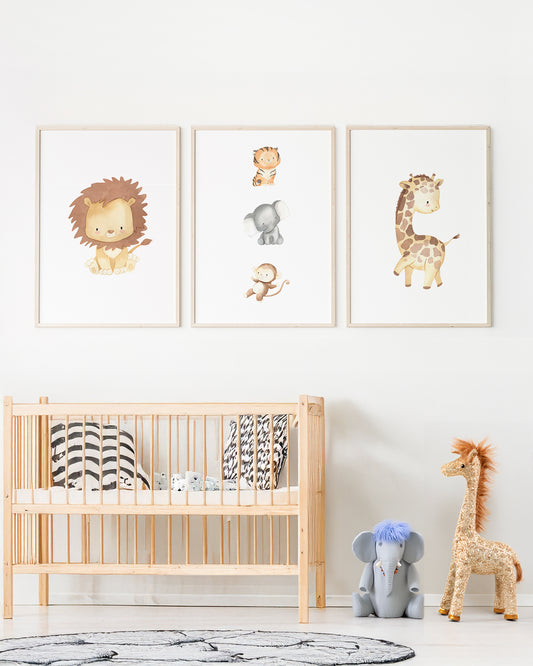 Kit 3 Quadros Quarto Bebê Infantil Coleção Safari Minimalista