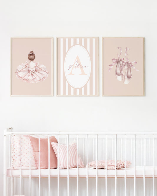 Kit 3 Quadros Infantil Quarto Bebê Menina Bailaria Personalizado Nome e Inicial