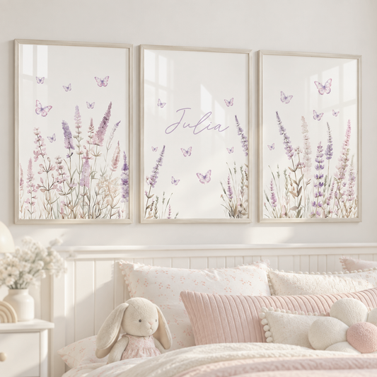 Kit 3 Quadros Decorativos Infantil Quarto Bebê Manina Lilás Lavandas e Borboletas