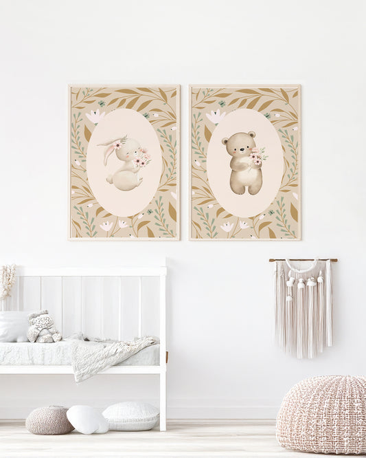 Kit 2 Quadros Quadro Bebê Infantil Bosque Floral