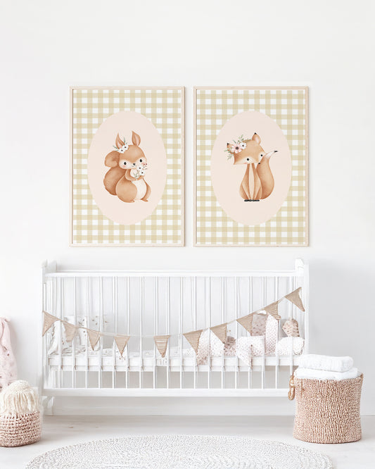 Kit 2 Quadros Quarto Bebê Infantil Bosque Floral