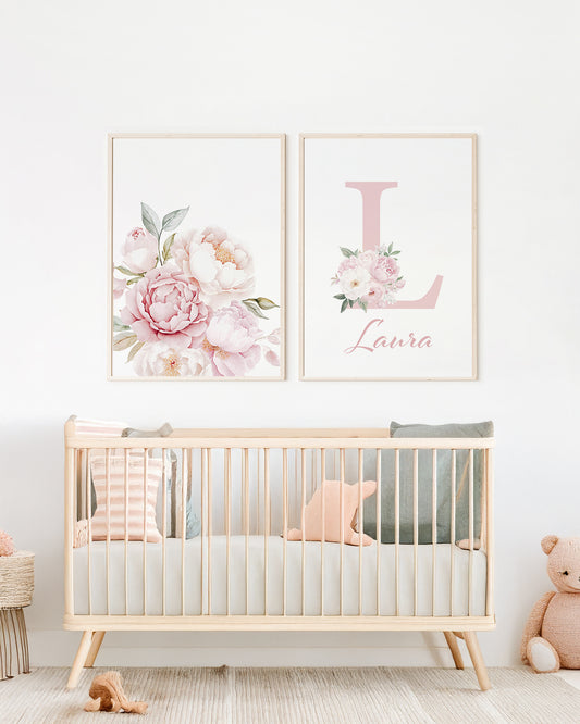 Kit 2 Quadros Infantil Quarto Bebê Menina Floral Personalizado Nome e Inicial