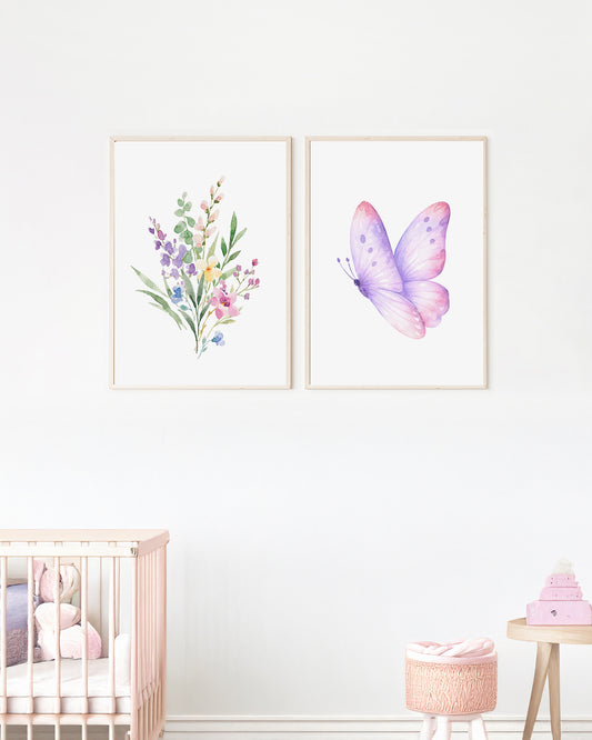 Kit 2 Quadros Decorativos Infantil Quarto Bebê Menina Flores e Borboletas