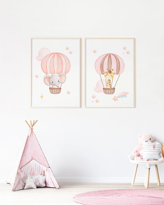 Kit 2 Quadros Quarto Bebê Infantil Animais no Balão