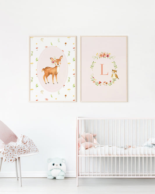 Kit 2 Quadros Quarto Bebeê Infantil Personalizado Inicial Bosque Encantado