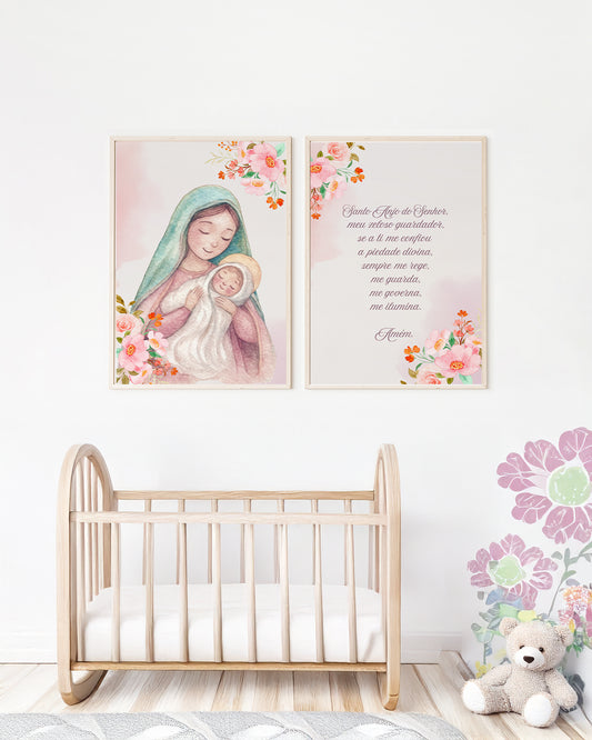 Kit 2 Quadros Quarto Bebê Infantil Nossa Senhora Oração Santo Anjo