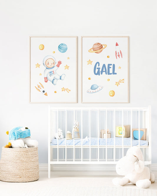 Kit 2 Quadros Quarto Bebê Infantil Astronauta Personalizado