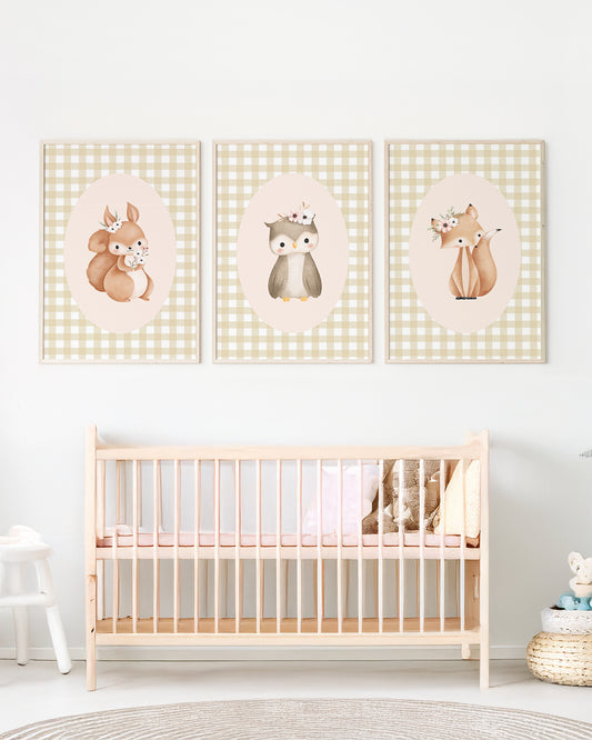 Kit 3 Quadros Quarto Bebê Infantil Bosque Floral