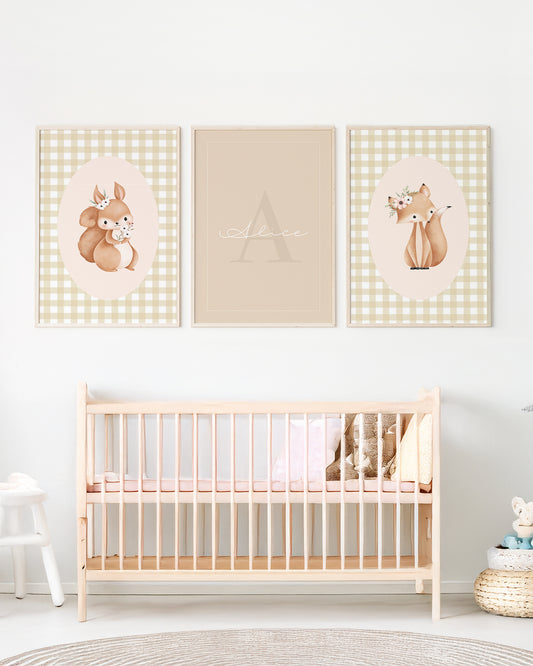 Kit 3 Quadros Quarto Bebê Infantil Bosque Floral Personalizado