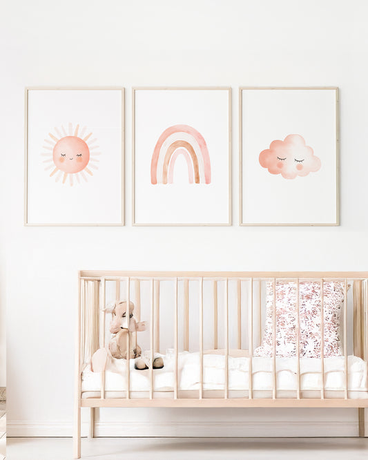 Kit 3 Quadros Infantil Bebê Menina Sol Arco-Íris e Nuvem Com Moldura