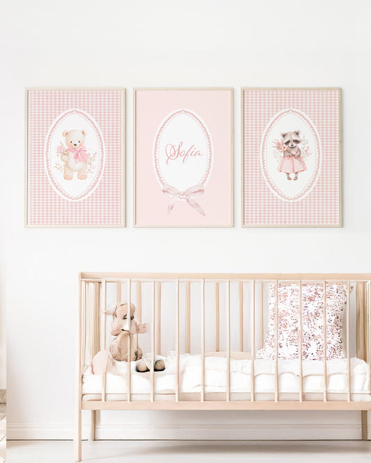 Kit 3 Quadros Infantil Bebê Menina Rosa Ursinho Nome Laço Personalizado Com Moldura