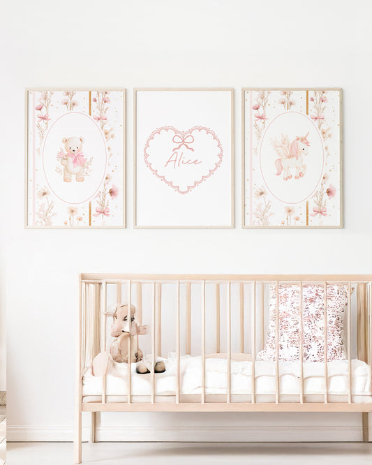 Kit 3 Quadros Infantil Bebê Menina Rosa Ursinho Coração Nome Personalizado Unicórnio Com Moldura