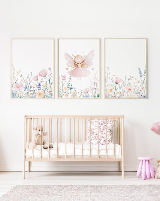 Kit 3 Quadros Infantil Quarto Bebê Menina - Jardim das Fadas - Fadinha Loira
