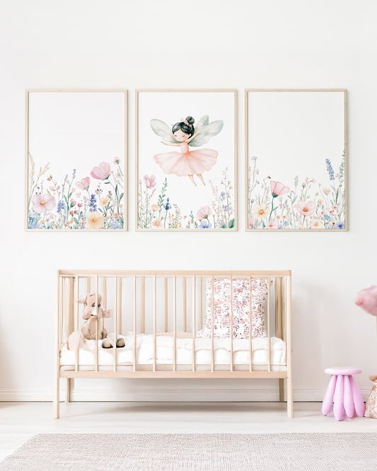 Kit 3 Quadros Infantil Quarto Bebê Menina - Jardim das Fadas - Fadinha Morena