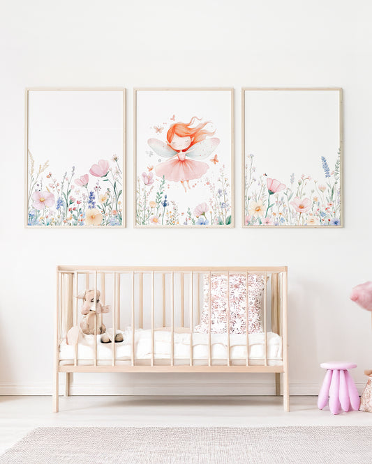 Kit 3 Quadros Infantil Quarto Bebê Menina - Jardim das Fadas - Fadinha Ruiva