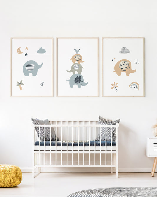 Kit 3 Quadros Quarto Bebê Infantil Elefantinhos
