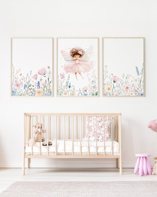 Kit 3 Quadros Infantil Quarto Bebê Menina Jardim das Fadas Fadinha Negra