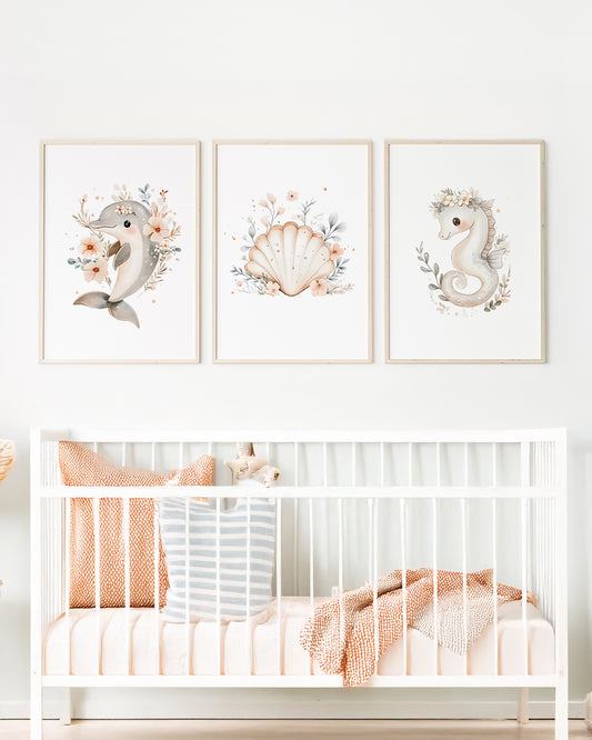 KIt 3 quadros infantil decorativo quarto bebê menina fundo do mar floral,