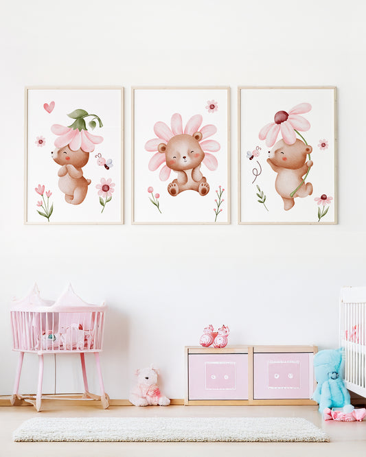 Kit 3 Quadros Quarto Bebê Infantil Ursinha Floral