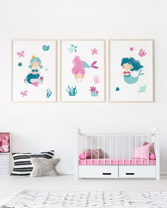 Kit 3 Quadros Quarto Bebê Infantil Coleção Sereias