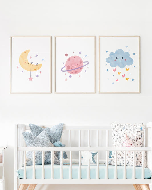Kit 3 Quadros Quarto Bebê Infantil Céu de Amor