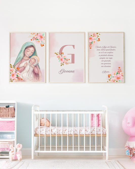 Kit 3 Quadros Quarto Bebê Infantil Nossa Senhora Oração Santo Anjo