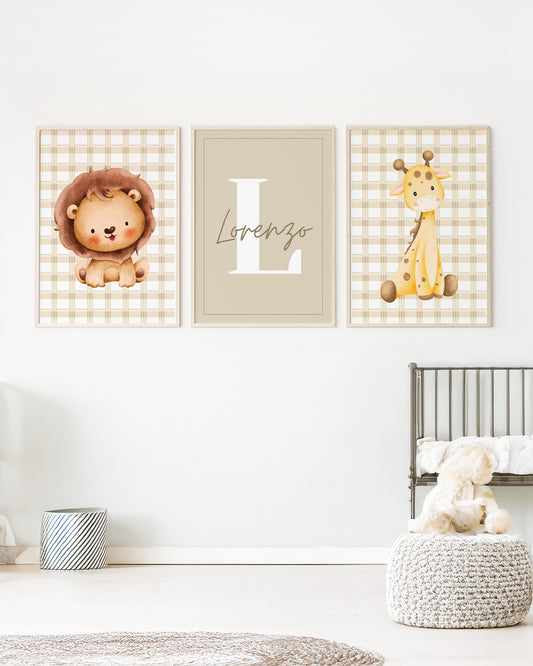 Kit 3 Quadros Quarto Bebê Infantil Safari Letra Personalizado