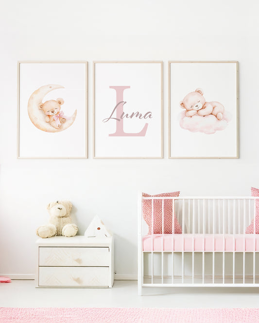 Kit 3 Quadros Infantil Quarto Bebê Menina Ursinho Rosa Personalizado Nome e Inicial