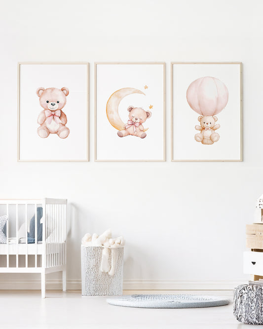 Kit 3 Quadros Infantil Quarto Bebê Menina Ursinho Cor de Rosa