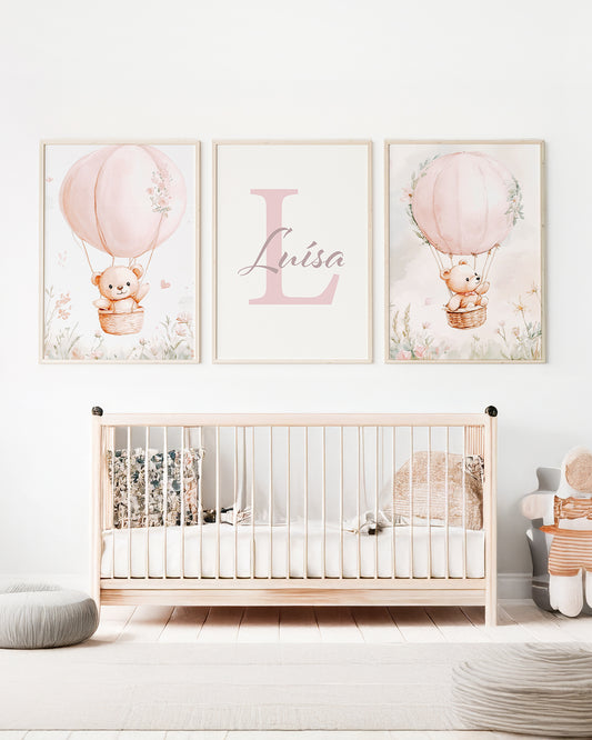 Kit 3 Quadros Infantil Quarto Bebê Menina Urso No Balão Personalizado Inicial e Nome