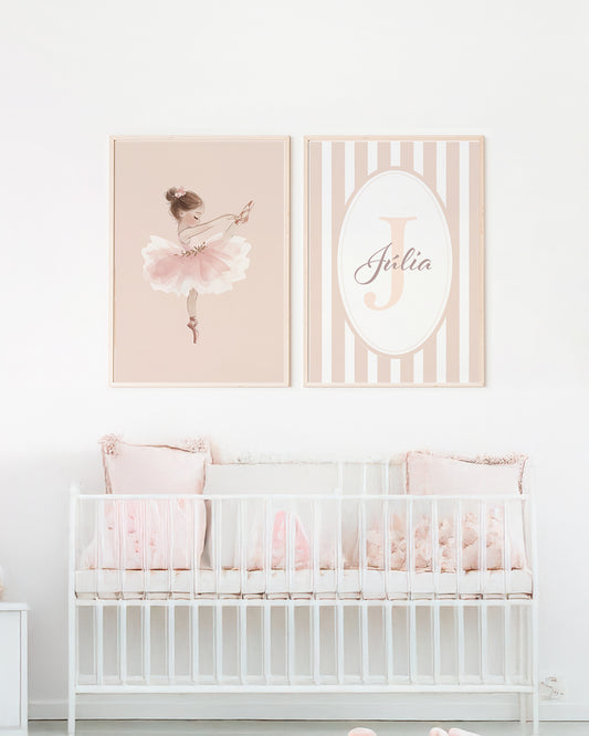 Kit 2 Quadros Infantil Quarto Bebê Menina Bailarina Ballet Personalizado Nome e Inicial