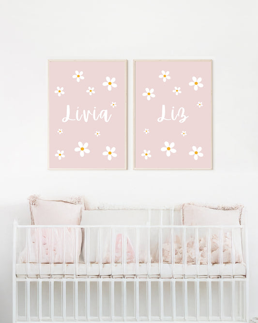 Kit 2 Quadros Quarto Irmãs Bebê Menina Rosa Margaridas Personalizado Nome