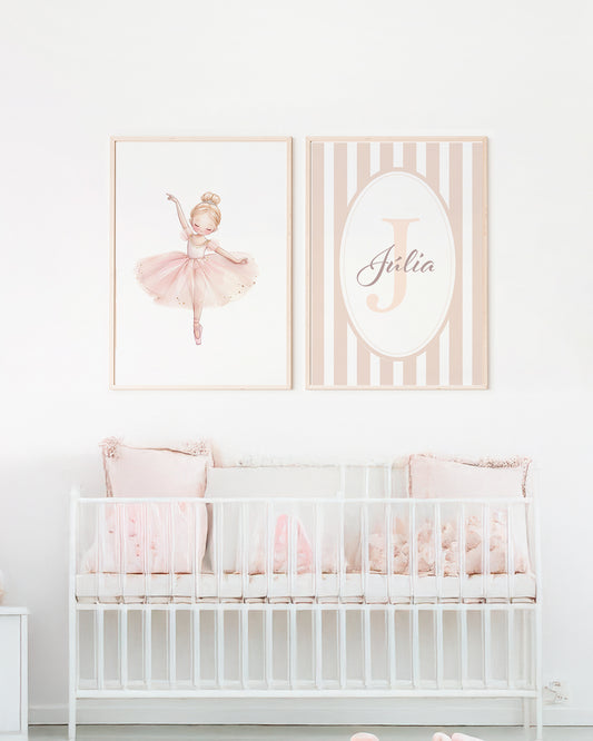 Kit 2 Quadros Infantil Quarto Bebê Menina Bailarina Ballet Personalizado Nome e Inicial