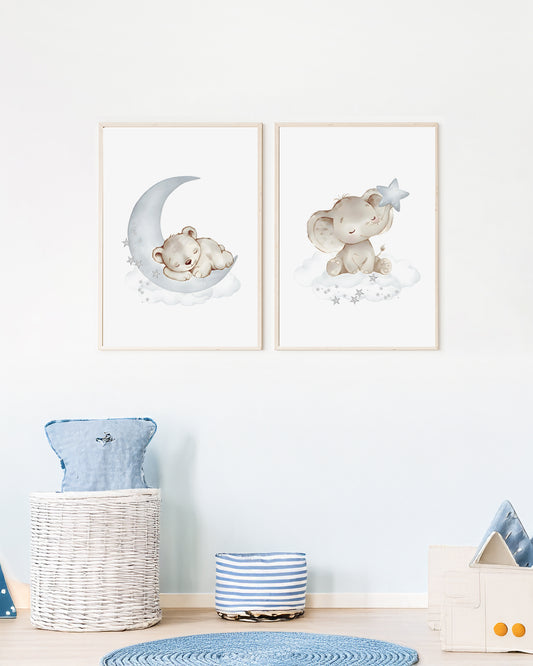 Kit 2 Quadros Decorativos Infantil Quarto Bebê Azul Safari Baby Ursinho