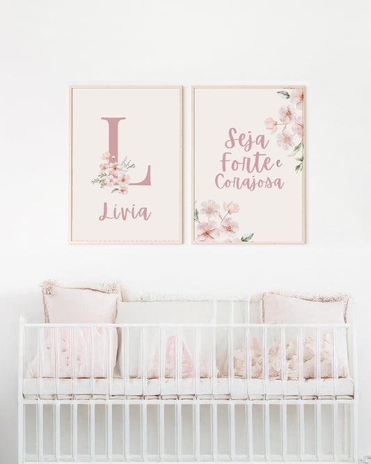 Kit 2 Quadros Infantil Quarto Bebê Menina Rosa Flores Floral Personalizado Nome e Inicial Com Moldura