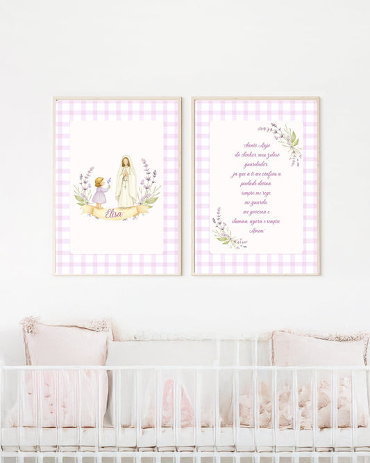 Kit 2 Quadros Quarto Bebê Menina Lilás Nossa Senhora + Oração Santo Anjo Personalizado com Nome