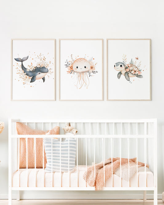 Kit 3 Quadros Infantil Quarto Bebê Menina Fundo do Mar Floral II