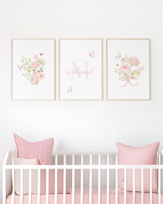 Kit 3 Quadros Decorativos Infantil Quarto Bebê Menina Flores Personalizado com Nome