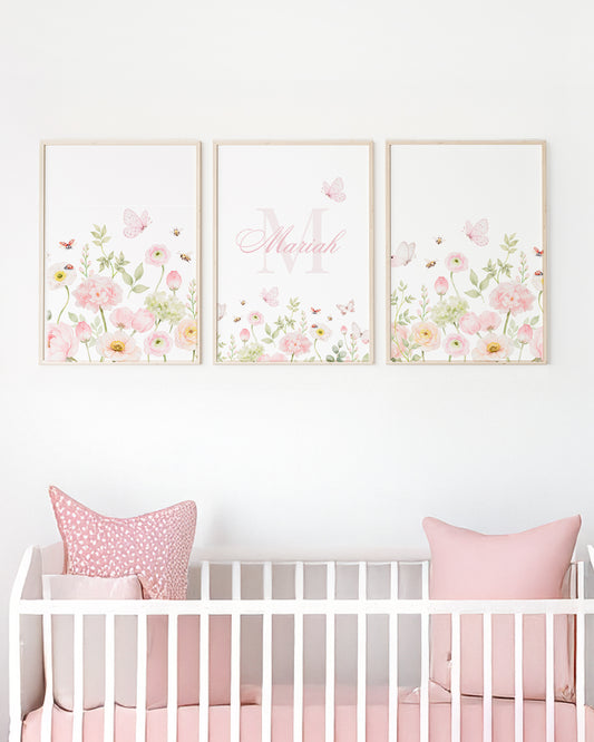 Kit 3 Quadros Decorativos Infantil Quarto Bebê Menina Rosa Jardim Flores Personalizado com Nome