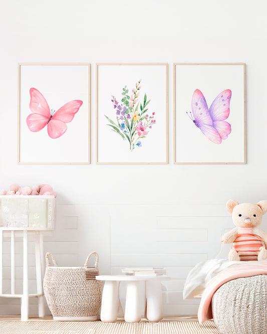 Kit 3 Quadros Decorativos Infantil Quarto Bebê Menina Rosa Flores Borboletas