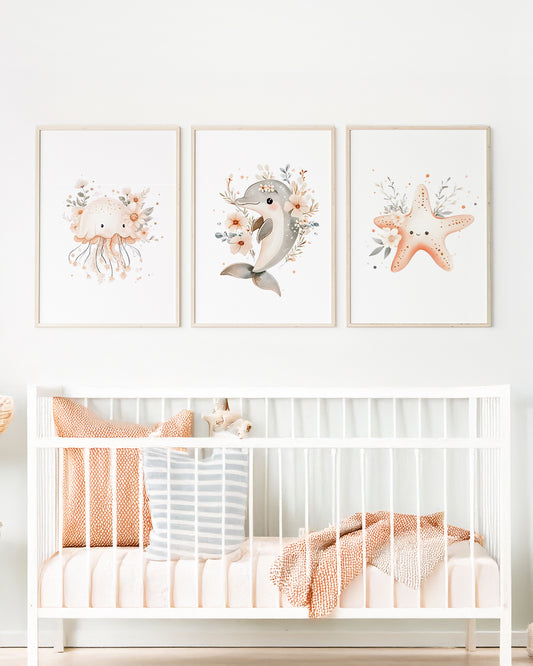 Kit 3 Quadros Infantil Quarto Bebê Menina Fundo do Mar Floral III