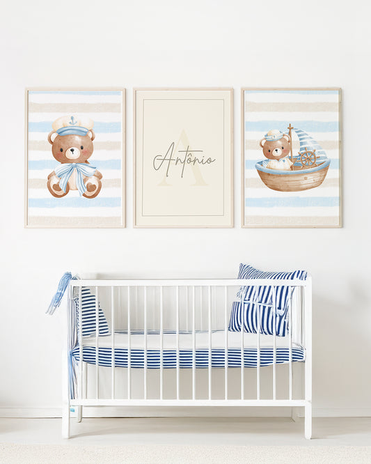 Kit 3 Quadros Infantil Quarto Bebê Menino Ursinho Marinho Personalizado Nome e Inicial