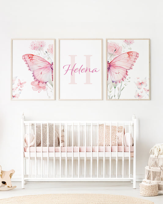 Kit 3 Quadros Infantil Quarto Bebê Menina Rosa Borboleta Personalizado Nome e Inicial