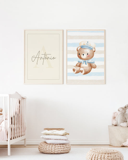 Quadro quarto bebê menino azul ursinho marinheiro