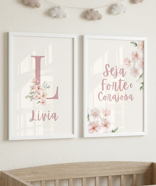 Kit 2 Quadros Decorativos Infantil Quarto Bebê Menina Seja Forte e Corajosa