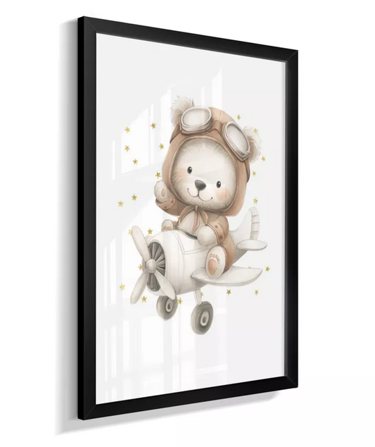 Quadro Infantil Decorativo Quarto Bebê Menino Ursinho Aviador Vintage