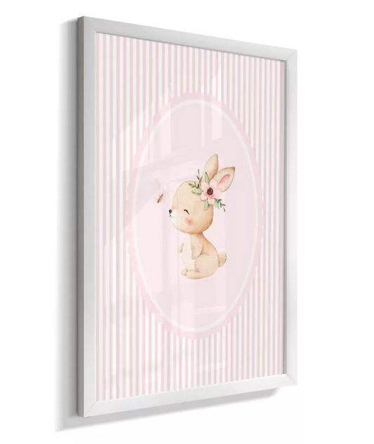 Kit 3 Quadros Decorativos Infantil Quarto Bebê Menina Delicado Rosa Listas Coelhinha Borboleta