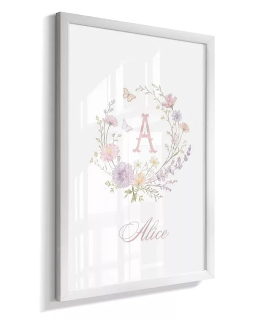 Kit 2 Quadros Decorativos Infantil Quarto Bebê Menina Monograma Personalizado Nome e Inicial + Oração Santo Anjo