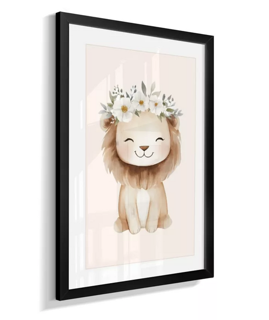 Quadro Infantil Quarto Bebê Menina Leão Safari Floral