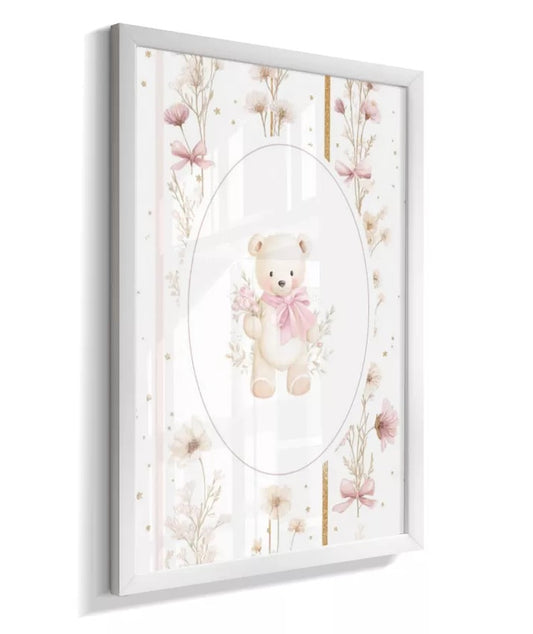 Kit 3 Quadros Infantil Bebê Menina Rosa Ursinho Coração Nome Personalizado Unicórnio Com Moldura